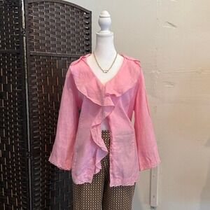 Jones New York Y2k Pink Ruffle Linen Blouse with Lace Trim Women's Size 1X